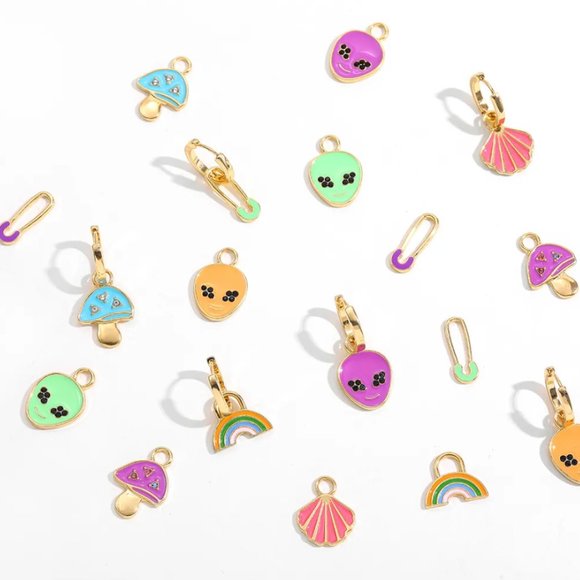 Gold & Purple Enamel Mushroom Rhinestone Huggie Dangle Earrings NEW - Picture 5 of 8